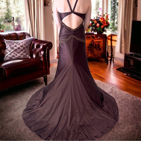 ALYCE DESIGNS Chocolate Brown Satin Formal Gown With Train and Cutout Midriff - Picture 2 of 16